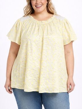 Lane Bryant Yellow Embroidered Top Ruffle 26 28 Eyelet Short Sleeve Cottagecore